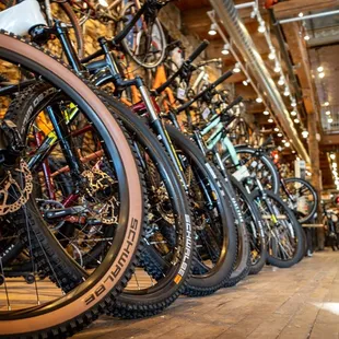 A whole wall of bikes for sale and ready to ride.