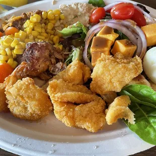 Fried Fish, butterfly shrimp taco casserole tuna salad tossed salad and steamed vegetables