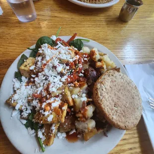 Euripedes breakfast with tofu + lemon poppy seed waffle