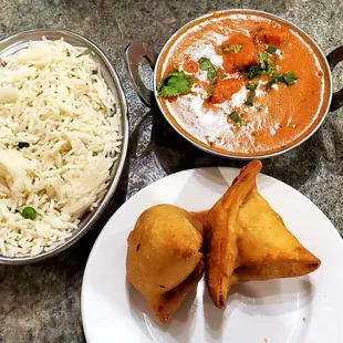 Basmati Rice with Peas, Tikka Masala, and Samosas. (Asked for no cilantro, but they forgot).