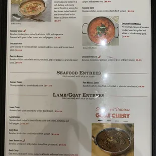 Chicken Entree, Seafood Entree, and Lamb/Goat Entree Menu 2021