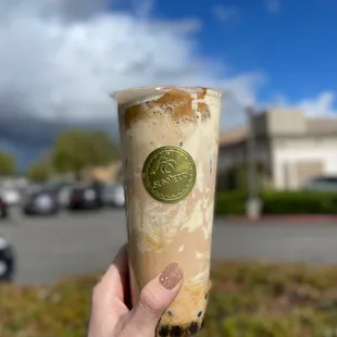 Tiger Milk Tea (Milk Tea with Brown Sugar Boba and Brown Sugar Creamy Puff Cream Topped with Whipped Dalgona)