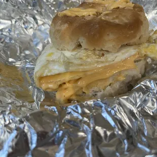 an egg and cheese biscuit sandwich