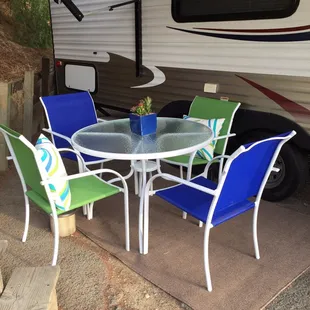 Nice neighbor allowed me to borrow their rake to clean up RV site. Created cosey outdoor space!