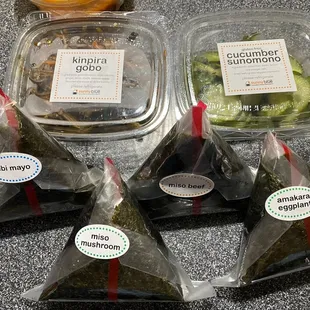 Kinpira Gobo, Sunomono  , Ebi Mayo, Miso Mushroom, Miso Beef, Amakira Eggplant