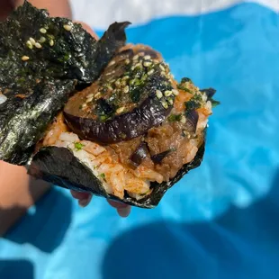 One slice of eggplant with rice for $5