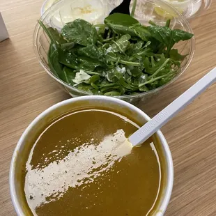 Chipotle butternut squash soup and arugula salad.