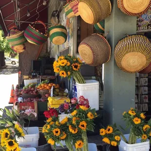 sunflowers and baskets on display