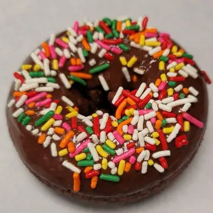 a chocolate frosted donut with sprinkles