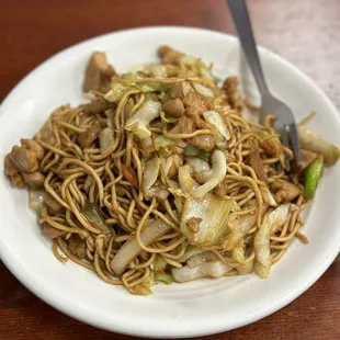 a plate of noodles and meat
