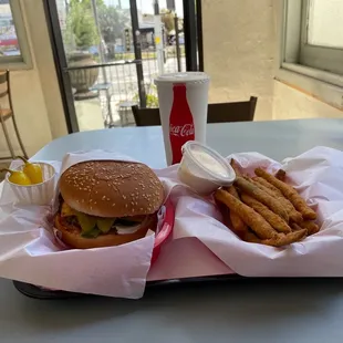 Char-broiled double cheeseburger, zucchini, and Pineapple milkshake