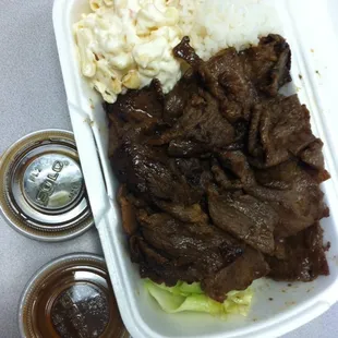 BBQ Beef Mini Meal $5.25 (with mac salad, rice and veggies)