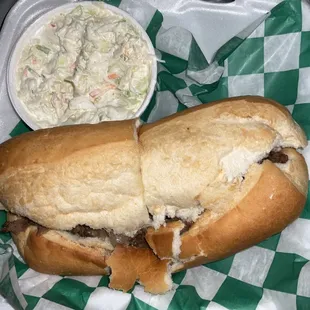 Coleslaw and steak hoagie