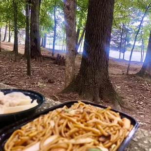 a plate of noodles and a bowl of mushrooms