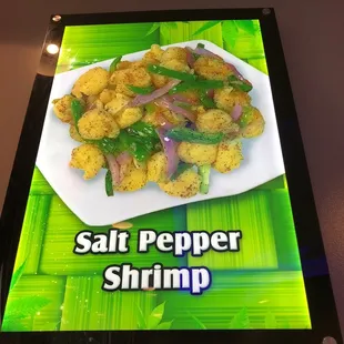 a sign for salt pepper shrimp