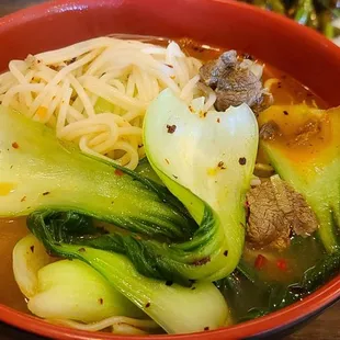 Beef noodle soup with ramen noodles (spaghetti noodle)