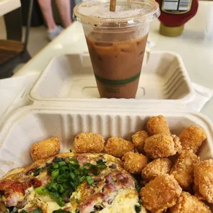 Sunny's Omelet, sub tots, and Iced Mexican Mocha