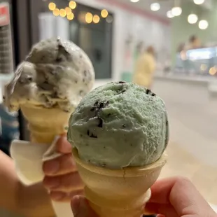 Cookie dough and mint chip, single scoop, on a cake cone