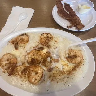 Shrimp &amp; Shrimp and Grits Breakfast Platter (I put my spoon in my food, before taking the picture )