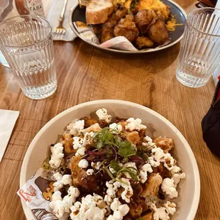 Small bits chicken &amp; waffles &amp; an omelette.