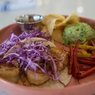 Shrimp Tacos | Wild Shrimp, Fresh Pico, Cabbage, Grilled Peppers, Chipotle Crema, Guac and Chips