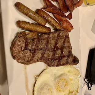 Ribeye steak &amp; eggs; added bacon and turkey links