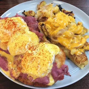 Bindi's Benedict: toasted bagel topped with corned beef, 3 eggs and made from scratch hollandaise.