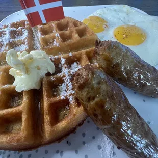 Danish Waffle, Eggs &amp; Sausage