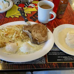 Today's special pork chop breakfast.