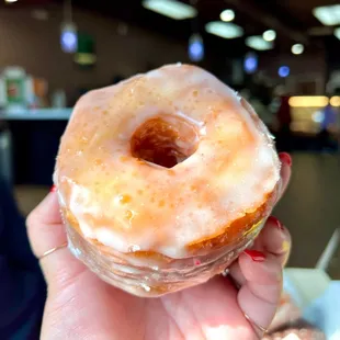 Cronut. Covered in sweet glaze &amp; layered to create a flakey, croissant familiarity in a donut shape. Full of buttery, sweet flavors.