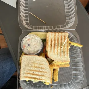 Chicken pesto, Panini with homemade potato salad and pickles