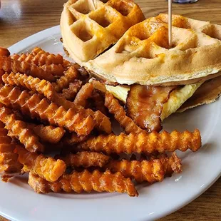breakfast sandwich with waffles instead of bread. Yes please!