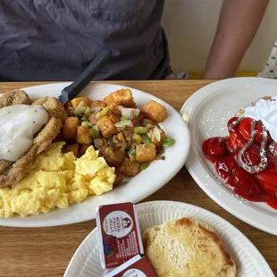 country fried steak, potatoes, eggs, and strawberry nutella banana pancakes