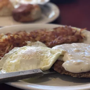 eggs and hash browns on a plate
