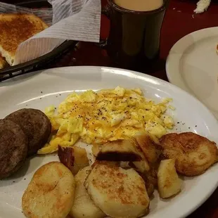 Egg, sausage, home fries, and pancake breakfast!