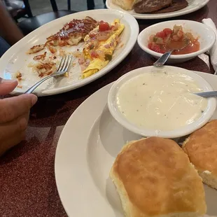 Omelette and biscuits &amp; gravy