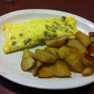 Sausage and cheese omelette with potatoes.