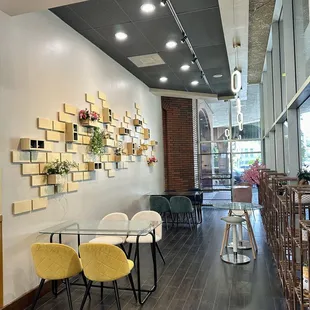 tables and chairs in a coffee shop