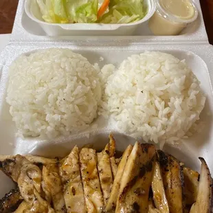 chicken breast, rice and salad