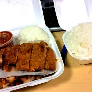 Chicken Teriyaki and Chicken Katsu.. The complimentary eggroll didn&apos;t make it to the picture. It went 1st!!! hahaha YUMMMMM!!!