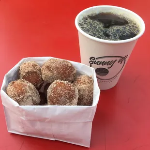 Hot Donut Holes tossed in cinnamon sugar and Anchorhead Coffee