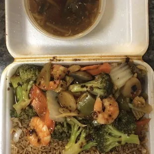 Dinner Special:  Shrimp in Szechuan Style, small soup, fortune cookie. Small egg roll not shown.