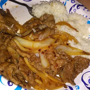 a plate of food with rice and meat