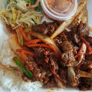 Bulgogi Lunch  - Rice, Bulgogi (your choice of heat), 2 Yakimandu, and various side dishes. YUM!