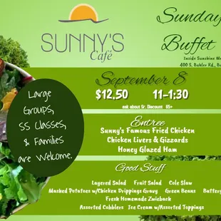 the menu for a sunny's cafe