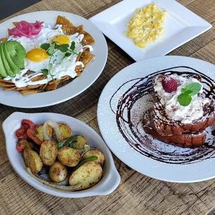 Chiliquiles with avocado, Mexican chocolate  French toast