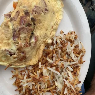 Lox omelette with well-done hash browns