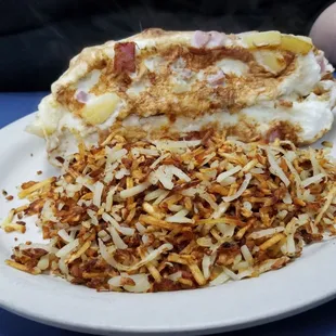 Hawaiian fluffy egg white omlette with well done hash browns.
