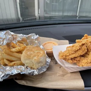 3 piece attendees, fries, biscuit and Sunny's special sauce