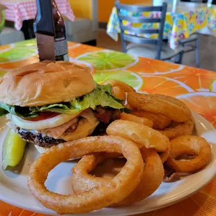 Reuben BUMB (Big Ugly Messy Burger), with upgraded to Onion Rings.